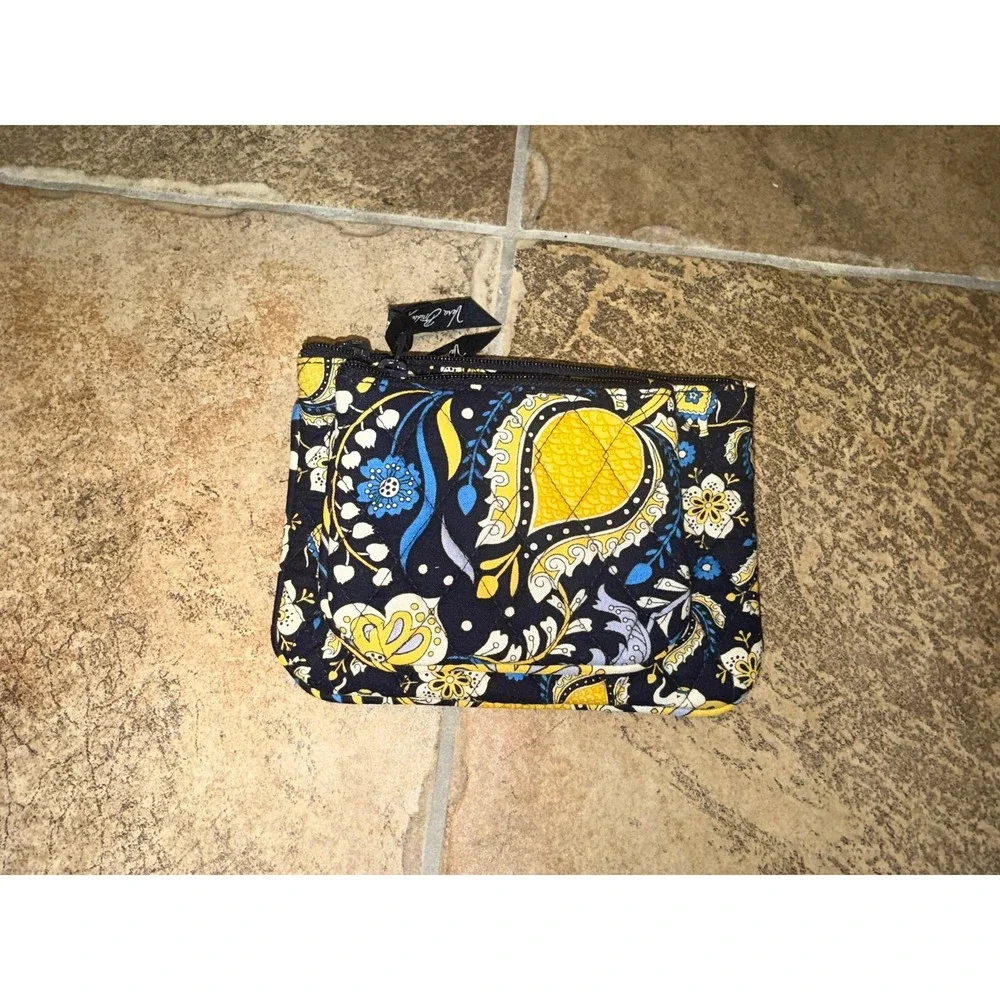 Vera Bradley Quilted Cotton Pouch Set Navy Yellow Elephant Floral 2 Piece Zip